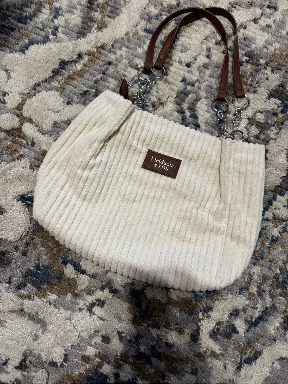 ✅🩷 $5 items for $25 Minimum. Cream Ribbed Shoulder Bag with Brown Handles - Picture 5 of 11